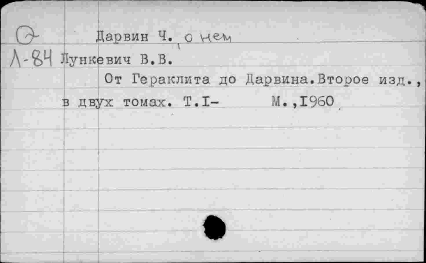 ﻿Дарвин Ч. о Д-&Ч Лункевич В.В.
От Гераклита до Дарвина.Второе изд.,
в двух томах. Т.1- М.,1960